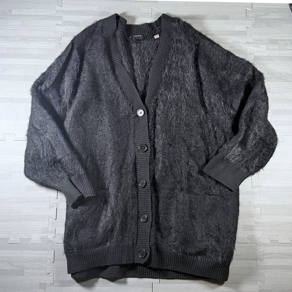 Womens XL Cardigan Sweater Black Fuzzy V Neck Button Down